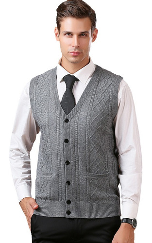 Chaleco Tejido Sin Mangas Cuello En V Botones Para Hombre