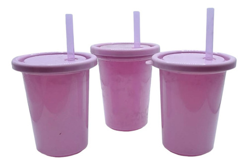 Set 3 Vasos Con Tapa Y Popote Plastico Lila