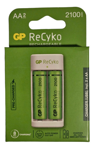 Cargador Usb + 2 Pilas Aa Recargables 2100 Mah Gp Recyko 