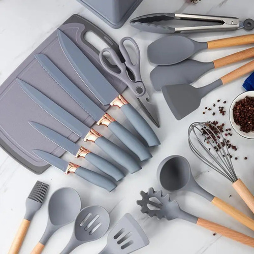 Set De Utensilios X19 Cocina Mango De Madera Puntasiliconado Color Gris
