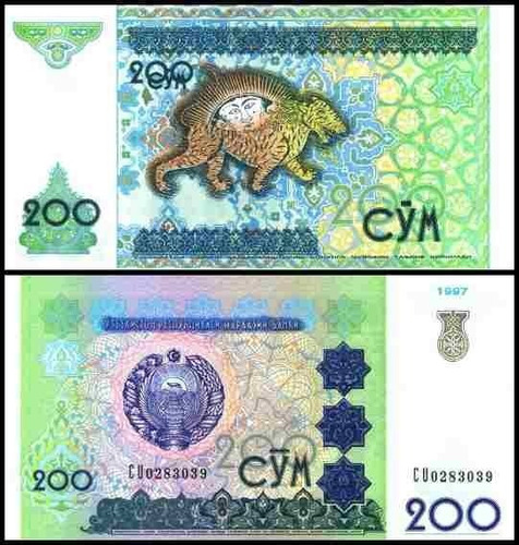 Aa#6 Billete Uzbekistan 200 Som Tigre Nuevo 