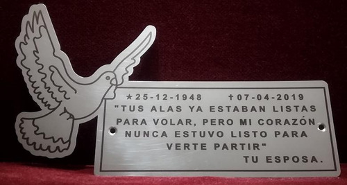 Placa Recordatoria Cementerio 21x12 Paloma Acero Inox