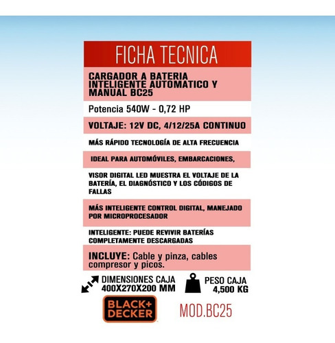 Imagen 2 de 8 de Cargador Bateria Inteligente Auto Black Decker 25 Amp Bc25