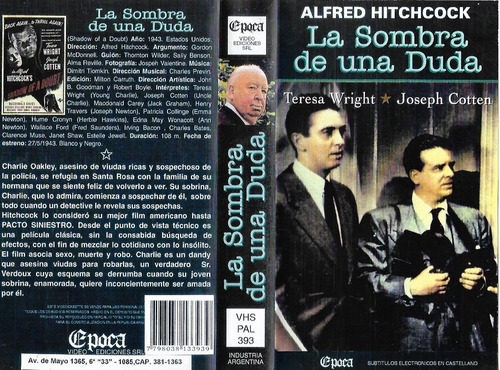 La Sombra De Una Duda Vhs Alfred Hitchcock Vhs Nuevo