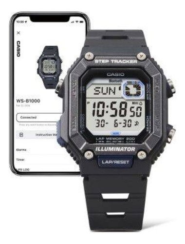 Reloj Casio Caballero Ws-b1000 Conectividad Bluetooth Correa Negro Bisel Negro Fondo Negro