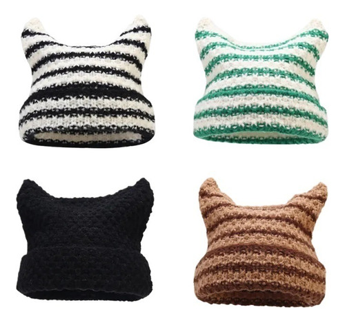 Gorro De Punto A Rayas 4pc,bonito Gorro Con Orejas De Gato A