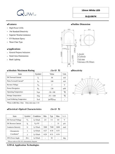 Led 10mm Blanco Alto Brillo W.c. 7000 Mcd 30º Pack 10 Pcs