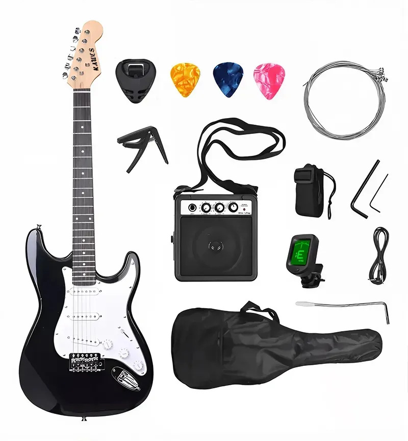 Kawes Guitarra Eléctrica De 39 Pulgadas Con Amplificador 5w Y Accesorios Color Negro