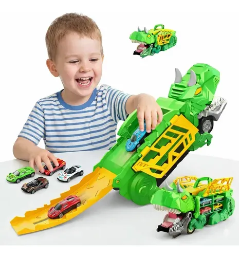 Maleta Caminhão Dinossauro Cegonha + 4 Carrinhos Pista Lançador Brinquedo Compatível Com Hotwheels Super Brasileirinho Verde