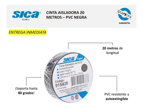 Imagen 2 de 4 de Cinta Aisladora Sica Pvc Autoextingible - 20 Metros - Negra