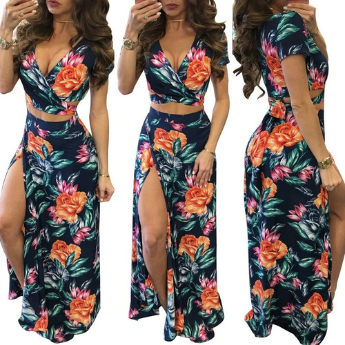 Vestido Falda Crop Top Elegante Flores Spandex Playa Fie [u]