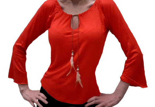 Remera Blusa Viscosa Roja Con Plumas Moda 2024