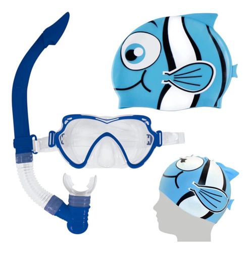 Máscara De Mergulho E Snorkel Azul + Touca Natação Peixinho