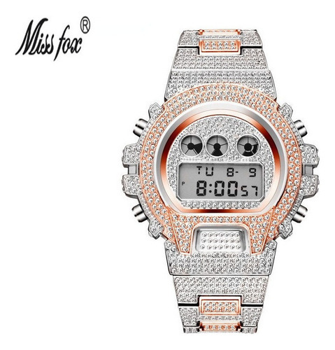 Correa de reloj Missfox Digital Diamond de lujo, impermeable, color plata/oro rosa