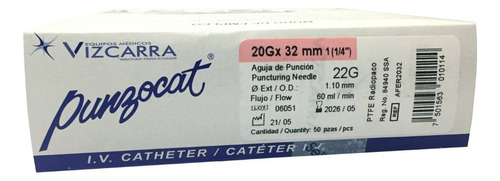Punzocat Catéter Rosa 20gx1 1/4¨(32mm) Flujo 60ml/min Cal22g