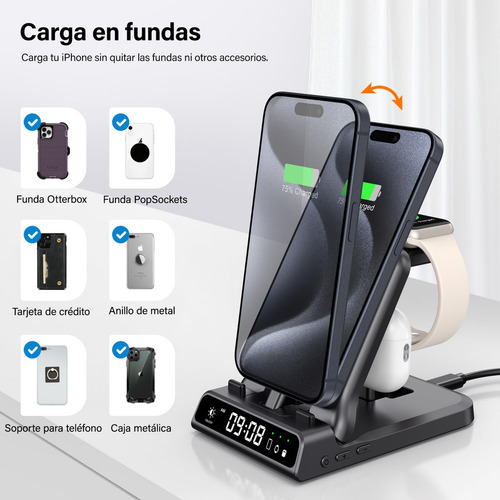 Estación de carga rápida 25W usb-c 3 en 1 plegable para iPhone 16 15 serie para apple watch series 10 9 8 7 6 SE 5 4 y air pods 4 pro 2 color negro SwanScout 701ac
