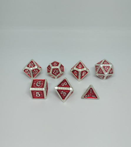 Set Dados De Metal X 7 Rol - #4 Rojo Con Bordes Y Números Plateados