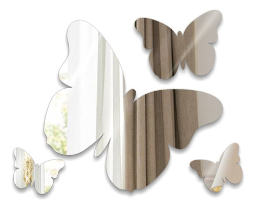 Kit de espejos acrílicos con forma de mariposas, marco de 4 piezas, color plateado