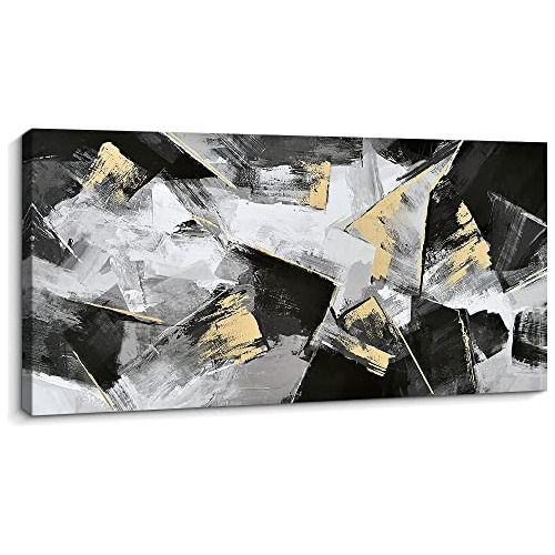 Arte De Pared Lienzo Abstracto Oro Brillante Y Negro Bl...