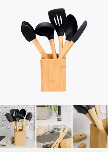 Set de 5 utensilios de cocina, madera de bambú, 30 cm, con soporte