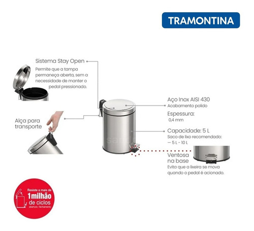 Imagem 5 de 11 de Lixeira Inox Tramontina Com Pedal Em Aço 5l 94538105 Cor Cinza