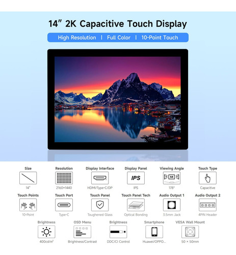 Pantalla Táctil Capacitiva De 2k De 14 Pulgadas De Waveshare