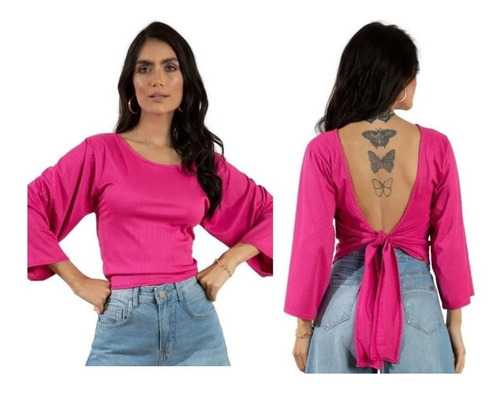 Blusa Pink Feminina  Elegante Com Amarração Decote Costas 