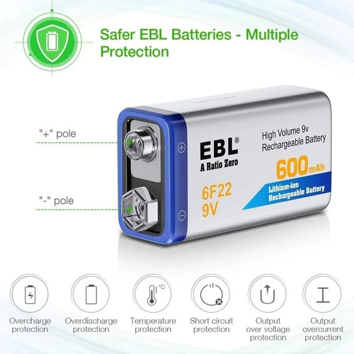 Bateria De Litio 9v Recargable Ebl 600mah 