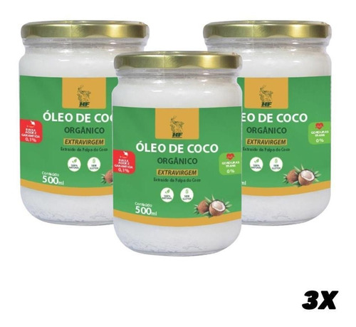 Imagem 1 de 6 de 3x Oleo De Coco 500ml Orgân. Extravirgem Hidrata Cabelo Pele