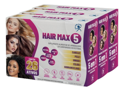 Hair Max Cabelo Pele E Unha 26 Vitaminas 30 Comp (3 Caixas) Sabor N/D