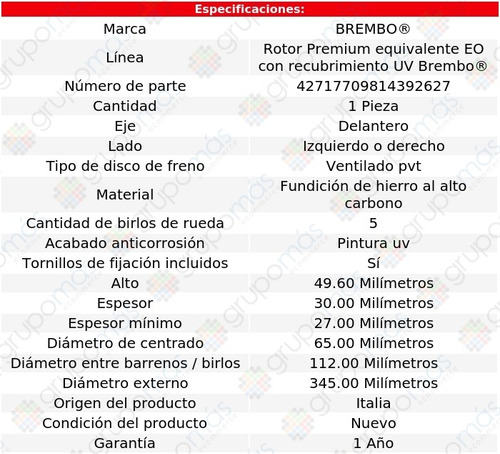 Disco Freno Vent 345.00 Del Izq/der Brembo Passat Cc 10 A 12