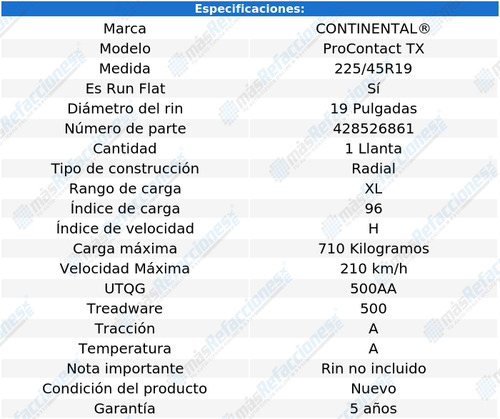 Llanta 225/45r19 96h Continental Procontact Tx *rft