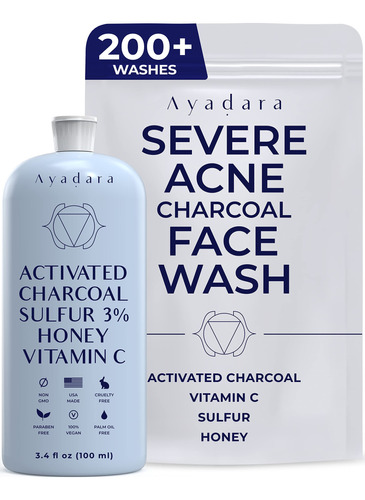 Ayadara Severe Acne Charcoal Face Wash, 3.4 Onzas, Lavado Fa