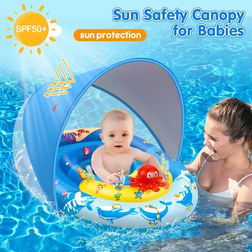 Flotador De Piscina Para Bebé Con Toldo UPF50+ | Antivuelco Y Sin Inflar | Para Niños De 6 A 36 Meses (13-40 Lbs)