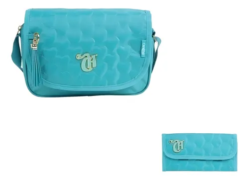 Bolso Capricho Love, color verde agua, color azul Tifanny + Brinde