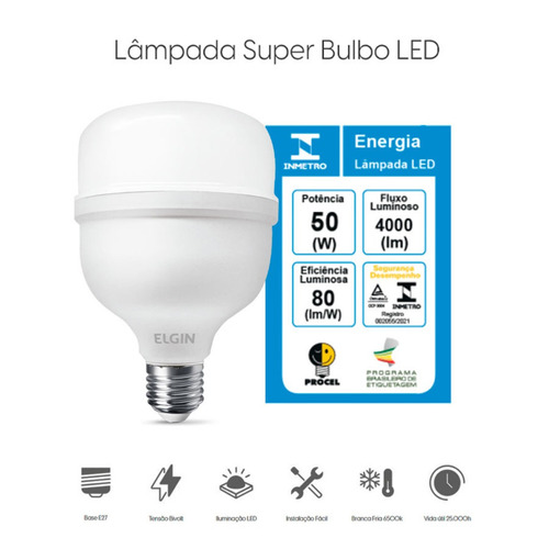 Kit 5 Lâmpada Bulbo Alta Potencia 50w Bivolt Elgin 6500k E27