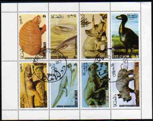 Omán Hojita Bloc X 8 Sellos Animales Prehistóricos Año 1980
