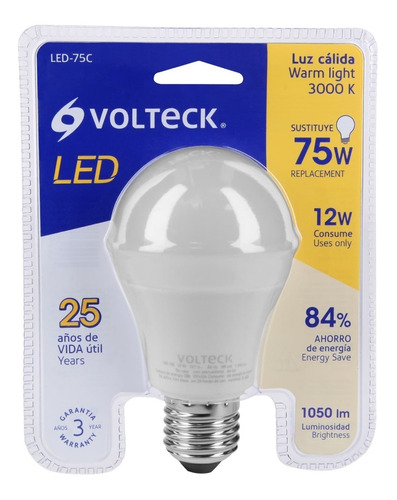 Foco De Led, A19, 12 W, Luz Cálida Volteck B46861