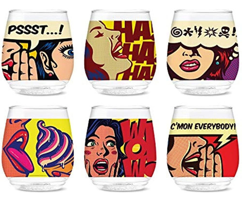 Tossware Pop 14oz Vino Pop Art Comic Series, Juego De 6, Cal