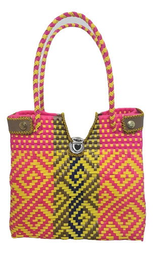 Bolsa Artesanal Hecha A Mano Para Dama Bolso Tote Griega Acabado De Los Herrajes Níquel Correa De Hombro Rosa Chicle Con Amarillo