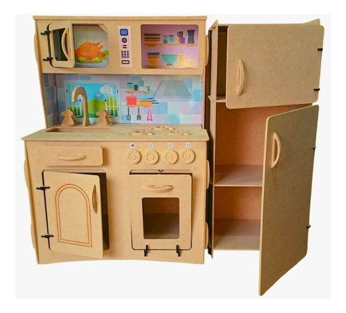 Cocinita Para Niños + Sticker + Heladera Madera Fibrofacil