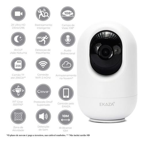 Câmera Inteligente Wifi Ekaza Hd 2k 3mp Onvif Visão Noturna Branco