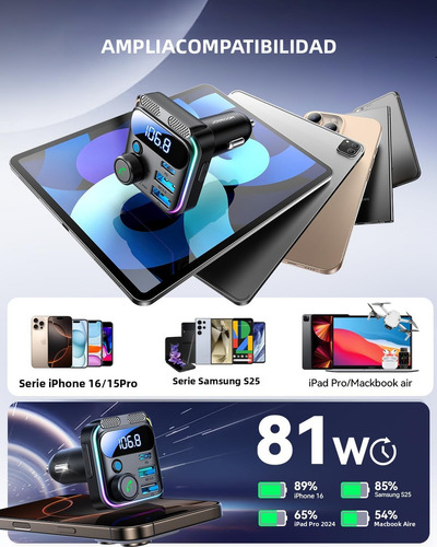 Transmisor FM Bluetooth 5.3 para Auto con Adaptador Bluetooth PD 48W - Carga Ultra Rápida QC3.0, Micrófonos Dobles con Reducción de Ruido, Salida AUX HiFi Estéreo