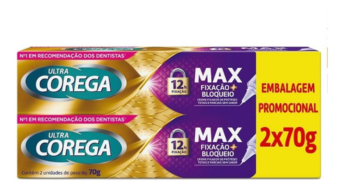 Kit Ultra Corega Max Fixaçao + Bloqueio Creme S/ Sabor 2x70g