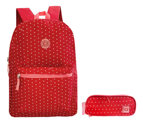 Mochila Juvenil Meninas Bolinhas Reforçada + Kit Escolar Cor Vermelho