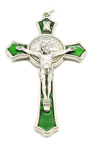 Imagem 1 de 3 de Crucifixo São Bento Prateado - Detalhe Em Resina Verde