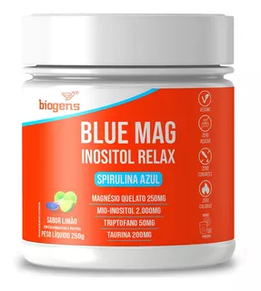 Blue Mag Inositol, Spirulina Azul, Triptofano, 250g, Biogens Limão