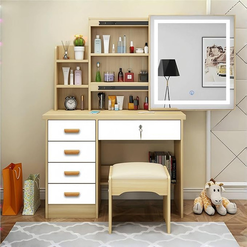 Tocador De Dormitorio Incluye Tabur Con Espejo Led Moderno