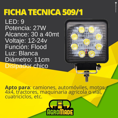 Imagen 2 de 10 de Faro Auxiliar Proyector Cuadrado 9 Led 27w Agro Vehículo