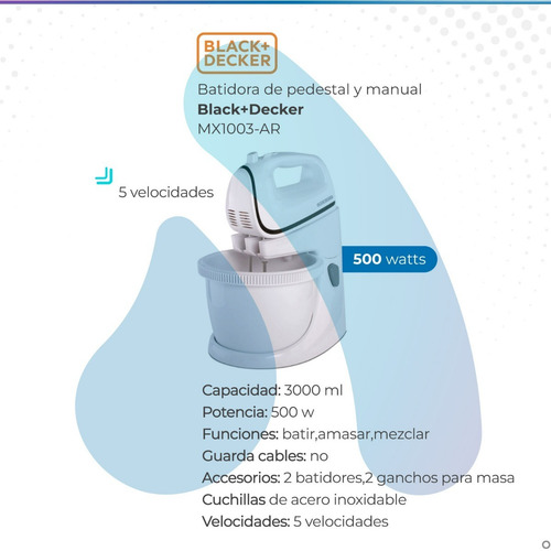 Imagen 2 de 10 de Batidora De Pie Black+decker Mx1003 500w Blanca 220v/240v